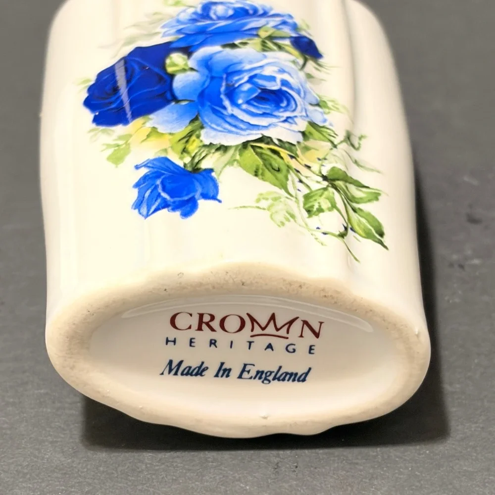 Crown Heritage Blue Rose Ceramic Soap Dispenser & Toothbrush Holder Set England
